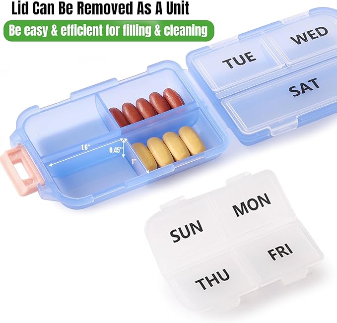 7 Day Compact Pill Organizer, Foldable Portable Travel Pill Box with Double Protection, Daily Small Pill Case Dispenser for Medication, Vitamins, Supplements (Clear Blue)