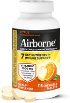 Airborne Vitamin C 1000mg (per Serving) - Citrus Chewable Tablets (116 Count in a Bottle), Gluten-Free Immune Support Supplement, with Vitamins A C E, Zinc, Selenium, Echinacea, Ginger, Antioxidants