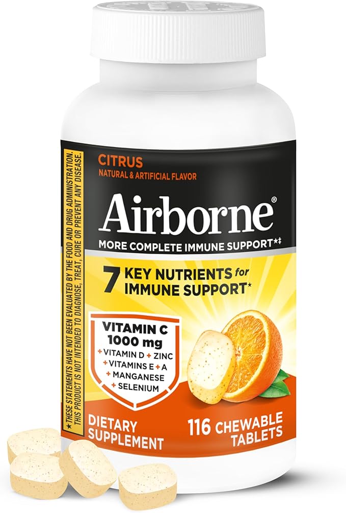 Airborne Vitamin C 1000mg (per Serving) - Citrus Chewable Tablets (116 Count in a Bottle), Gluten-Free Immune Support Supplement, with Vitamins A C E, Zinc, Selenium, Echinacea, Ginger, Antioxidants