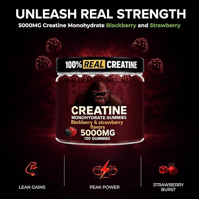 Creatine Monohydrate Gummies 5g Sugar Free Creatine with Vitamin B12 and L-Taurine | Muscle Growth for Men and Women | Low Calorie Formula 120 Gummies for 30 Servings, Mixed Berry