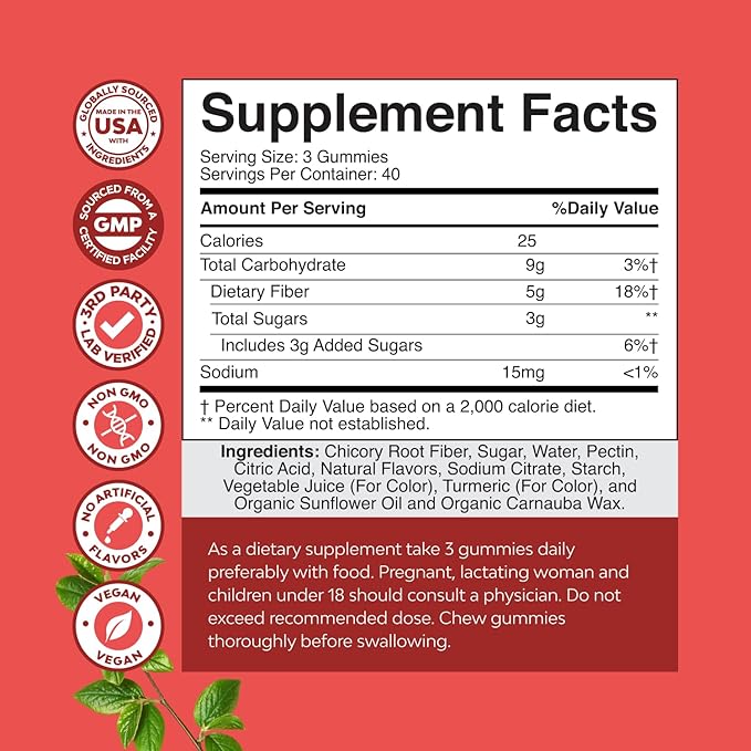 Tasty Prebiotic Fiber Gummies for Adults - High Fiber Supplement Gummies Vitamins for Adults with Prebiotic Soluble Chicory Root for Immunity and Digestive Support - Non GMO Vegan - 120 count