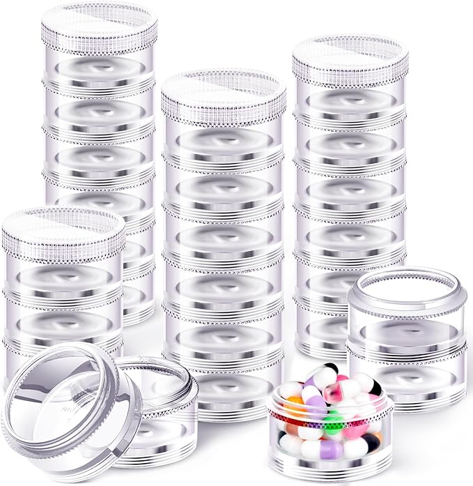 Sieral 4 Pack 7 Day Stackable Pill Organizers Round Pill Organizer Case Stackable Weekly Supplements Vitamins Individual Storage Container Boxes Holder Dispenser with Lids for Travel Medicine, Clear