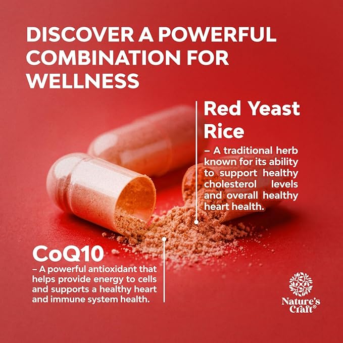 Red Yeast Rice with CoQ10 Supplement - Advanced Healthy Heart & Healthy Cholesterol Levels Formula for Men & Women - Red Yeast Rice Capsules with 1200mg per Serving and CoQ10-60 Count