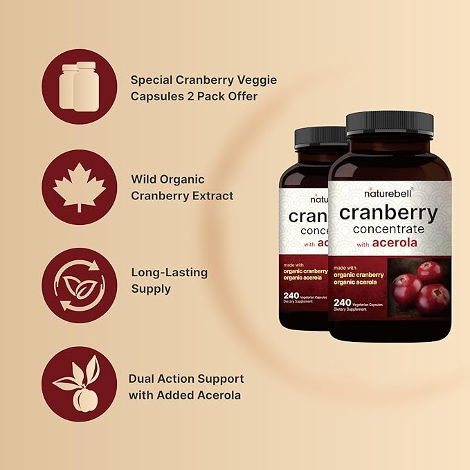 NatureBell 2 Pack Cranberry Concentrate with Acerola, 240 Vegetarian Capsules | Organic Cranberry Fruit Extract with Organic Acerola Cherry – Non-GMO, cGMP Manufactured