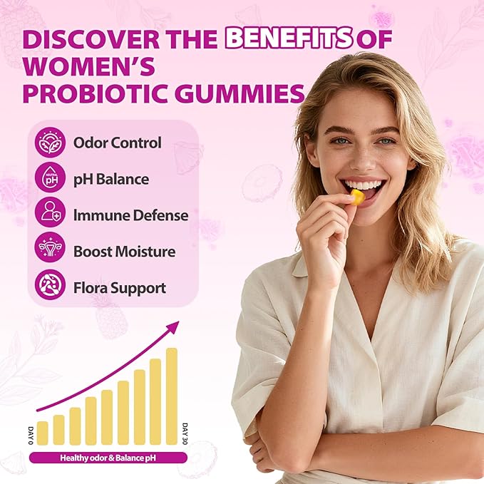 Slippery elm Feminine Probiotic + Moisture Gummies–Supports pH Balance, Vaginal Flora & Odor Health– with Bacillus coagulans and Slippery Elm – Delicious Pineapple Flavor, 60 Count.