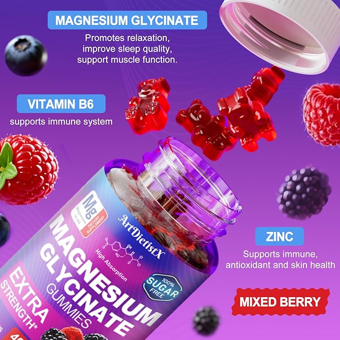 Magnesium Glycinate Gummies 400mg, Sugar Free Mаgnеsium Gummiеs for Adults with Magnesium Malate, Zinc, and Vitamin B6 for Sleep, Body Support and Relaxation, Non GMO, 60 Count-Multi-Flavor