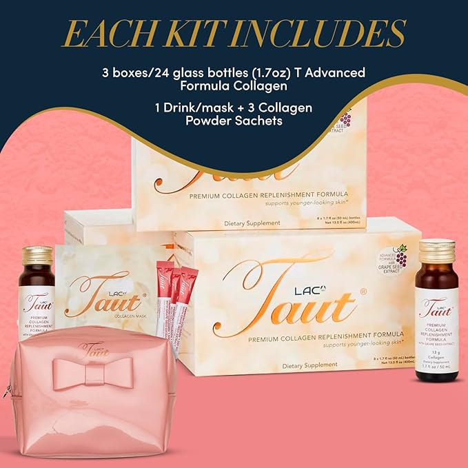 TAUT Premium Marine Collagen Drink 13,000mg Anti-Aging Formula, 24 Bottles (1.7oz Each) + Collagen Face Mask + 3 Powder Sachets Japan-Made Liquid Collagen for Skin, Hair & Joints