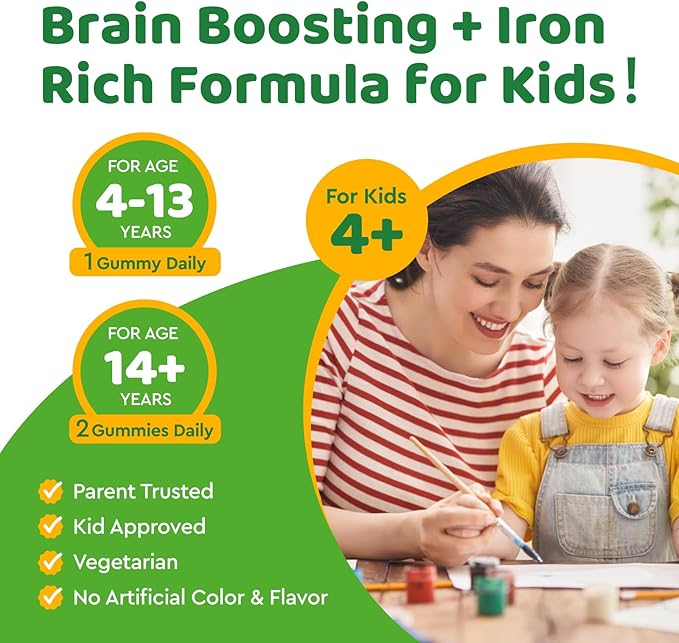 Iron Supplement Gummies for Kids, Kids Multivitamin with Iron Gummies - Zinc, Vitamin B Complex, A, C, D3, B12, Folate for Blood Builder & Energy Support, Vegan Sugar Free Green Apple & Kiwi 60ct