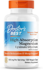 Doctor's Best High Absorption Magnesium Glycinate Lysinate Supplement for Sleep Support - Chelated Magnesium Capsules for Women & Men, 105 mg per Serving, Calm Support, Vegan - 120 Veg Caps