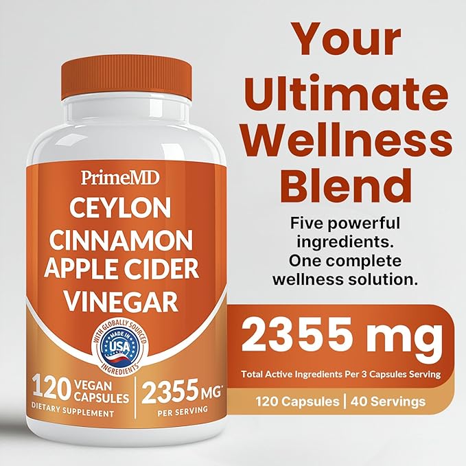 5-in-1 Ceylon Cinnamon Capsules 2355mg - Apple Cider Vinegar Capsules with Turmeric, Panax Ginseng & Bioperine - Cinnamon Supplements for Women & Men - Non-GMO, Vegan, Gluten-Free (120 Ct) (2-Pack)