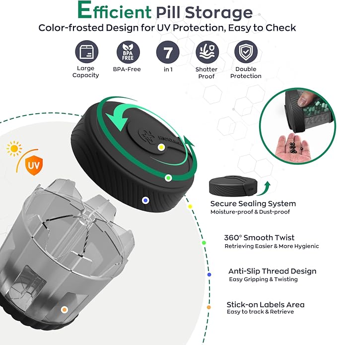 HIONXMGA Large Pill Dispenser with 7 Compartments, Portable Pill Bottle Organizer for Travel, Anti-Mix Supplement Organizer Easy Twist Wide-Opening, BPA-Free Pill Box Container, Black-Translucent