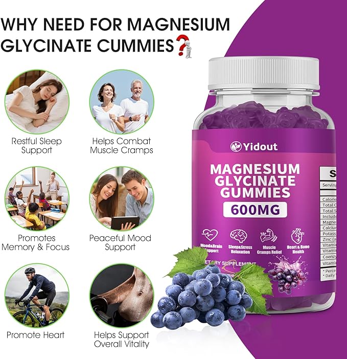 Magnesium Glycinate Gummies 600mg，High Absorption Magnesium Gummies, Sugar Free Chews for Adults & Kids Relaxation, Stress Relief (60 Count（Pack of 2）)