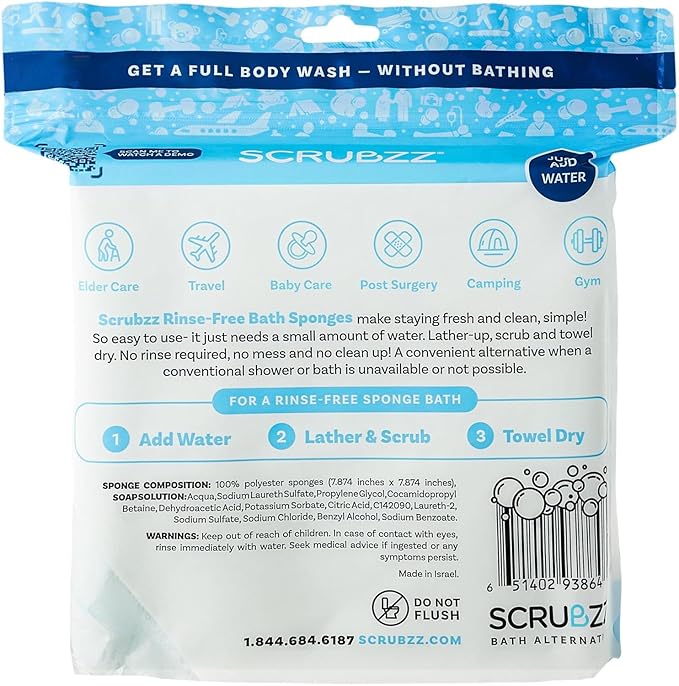Scrubzz Disposable No Rinse Bathing Wipes - All-in-1 Single Use Shower Wipes, Simply Dampen, Lather, and Dry Without Shampoo or Rinsing (Unscented, 4-Pack)