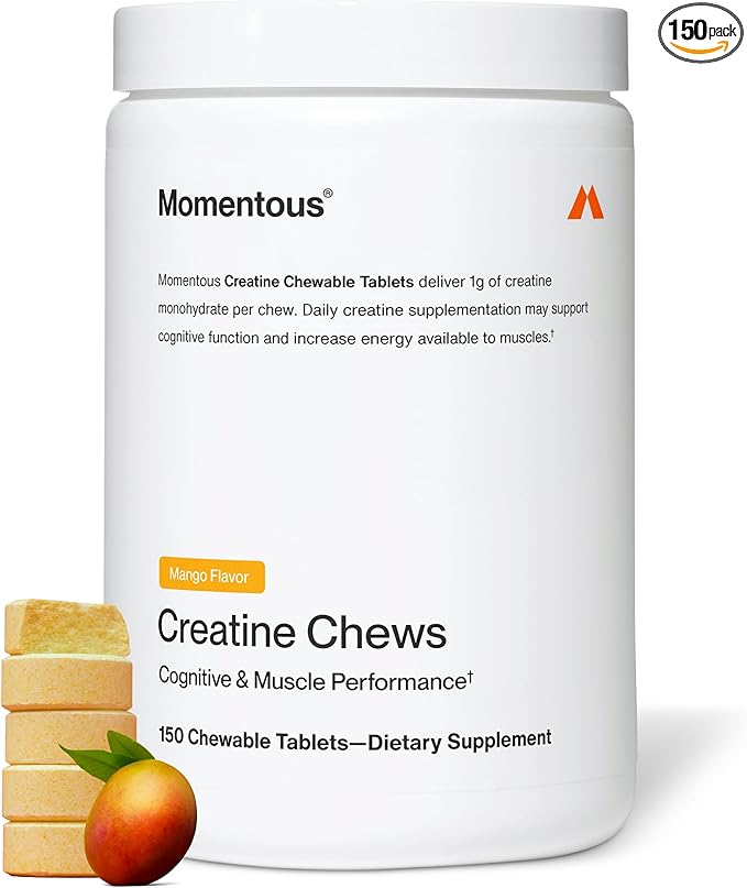 Momentous Creatine Chews - Creatine Monohydrate - Supports Strength, Lean Muscle, & Recovery for Men & Women - NSF Certified for Sport - 150 Chewable Tablets - Mango