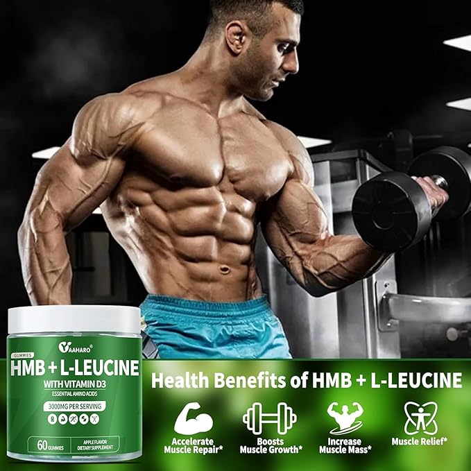 HMB & L-Leucine Gummies 3000mg - with Vitamin D3 for Muscle Recovery, Energy, Endurance & Muscle Mass Increase - for Men & Women - Non-GMO, Vegan, Gluten-Free, Apple Flavor - 60 Gummies