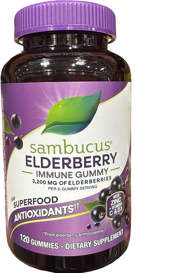 Nature's Ways_Sambucus Elderberry Immune Support Gummies with Zinc, Vitamins C and D3, Antioxidant Superfood, 3200mg, 120 Count, Ages 4+-Sold ONLY- RCB Supplies