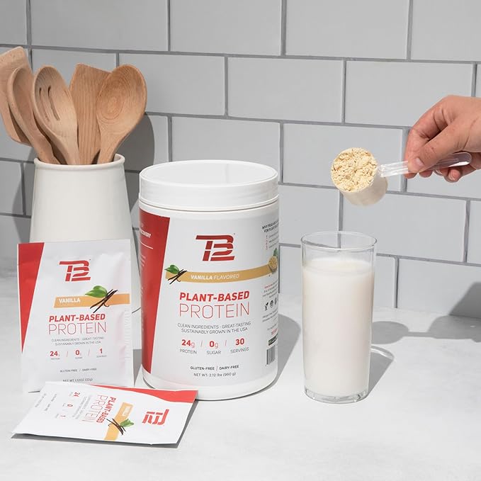TB12 Plant Based Protein Powder by Tom Brady, 24g of Vegan Pea Protein, Low Sugar, Low Carb, Non-GMO, Keto Friendly, Paleo, Sugar Free, Vanilla Flavor (30 Servings/2.12lbs)