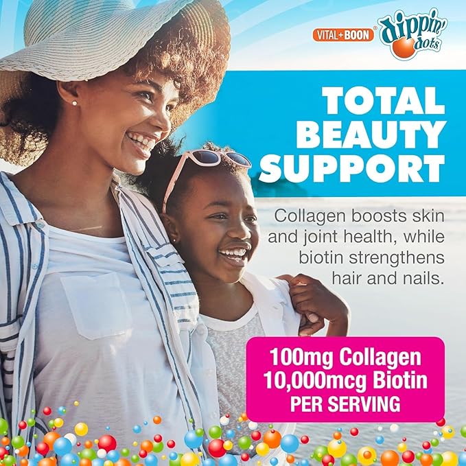 Vital+Boon Dippin Dots - Collagen + Biotin (60 Count) Gummies Rasberry Squish Flavor - 2 Pack