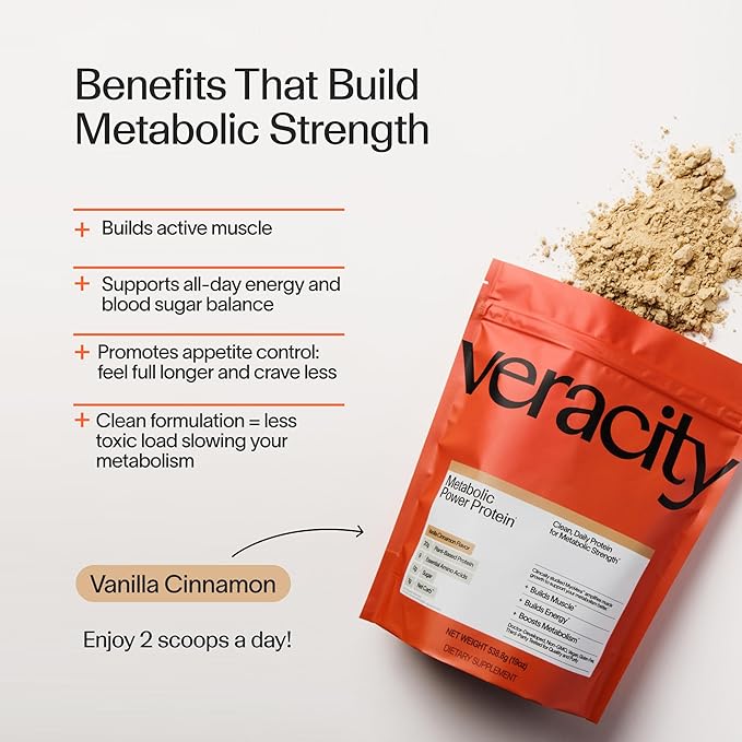 Veracity Plant-Based Protein Powder - Vanilla Cinnamon - MyoVera for Smarter Protein Utilization - Organic, Sugar Free Protein for Metabolic Health - 15 Servings (20g Protein/Serving)