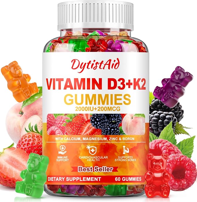 Vitamin D3 + K2 Gummies 2000 IU with Calcium + K2 (MK-7), Magnesium Citrate, Vitamin C, Zinc & Boron – Bone, Heart & Immune Support – Vegan, Non-GMO, Gelatin-Free, Sugar-Free Supplement, 60 Gummies