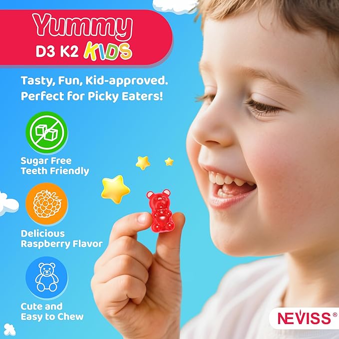 Vitamin D3 K2 Gummies for Kids + Calcium, Magnesium, Zinc, Phosphorus, Vitamin C, Kids Multivitamin D3 & K2 Supplement for Bṏne Health, Calcium Absorption, Focus & Immunity, Non GMO, Sugar Free, 60Cts
