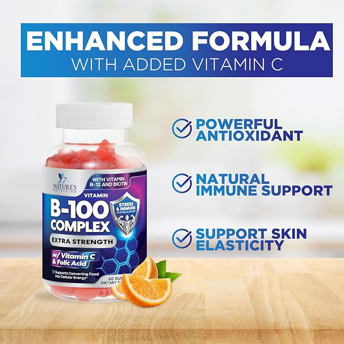Vitamin B Complex Gummies - Extra Strength Super B Vitamin Gummy with Vitamin C For Immune Support - Energy Support Supplements with Folic Acid, Niacin, B6, B12 & Biotin for Men & Women - 60 Gummies