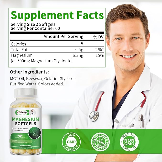 Magnesium Glycinate 500mg Softgels Supplement, Small Easy to Swallow Magnesium Gelcaps High Absorption for Night Leg&Sleep Support, Muscle&Bone, Calm, Non GMO, 120 Gelcaps, 60 Day Supply