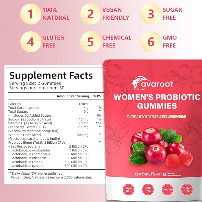 avaroot Women's Vaginal Probiotics, Women's Balanced pH Gummies, Healthy Smell, Yeast Balance and Flora + Vitamin C, Immune Support - Cranberry Flavor (1pc)