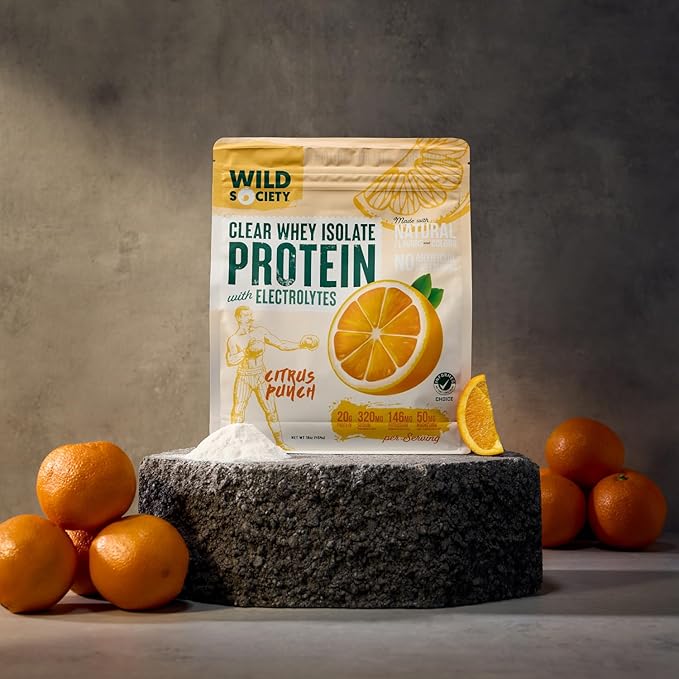 WILD SOCIETY - Clear Protein Powder + Electrolytes - 20g Clear Whey Protein Isolate Drink - Zero Sugar - 0g Lactose - Natural Flavors & Colors - Muscle Post Workout Recovery - Citrus Punch, 16 oz