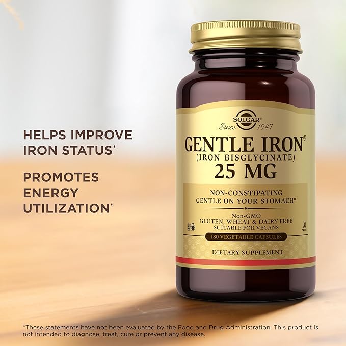Solgar - Gentle Iron 25 mg Vegetable Capsules 180 Count 2 Pack Easy on Stomach, Promote Red Blood Cell Production.
