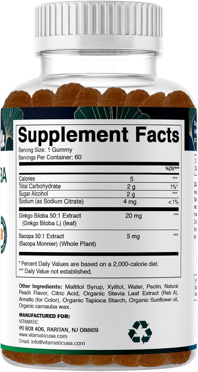 Vitamatic Ginkgo Biloba & Bacopa Gummies – Plant-Based Botanical Extract – Natural Peach Flavor – Vegan, Non-GMO, Gluten-Free – Herbal Supplement – 60 Count - 2 Pack (120 Count)
