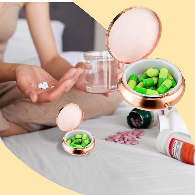Sibba Portable Medicine Pill Case, Travel Multi-Functional Moisture Proof Pill Box for Purse & Pocket, Cute Metal Medicine Pill Organizer Box for Vitamins, Fish Oil & Supplements (Rose Gold)