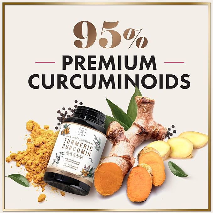 Turmeric Curcumin Supplement with 95% Curcuminoids, Organic Turmeric & Ginger 1750mg, BioPerine Black Pepper for Best Absorption, Nature's Vegan Joint Support, Non-GMO, Bottled in USA - 120 Capsules
