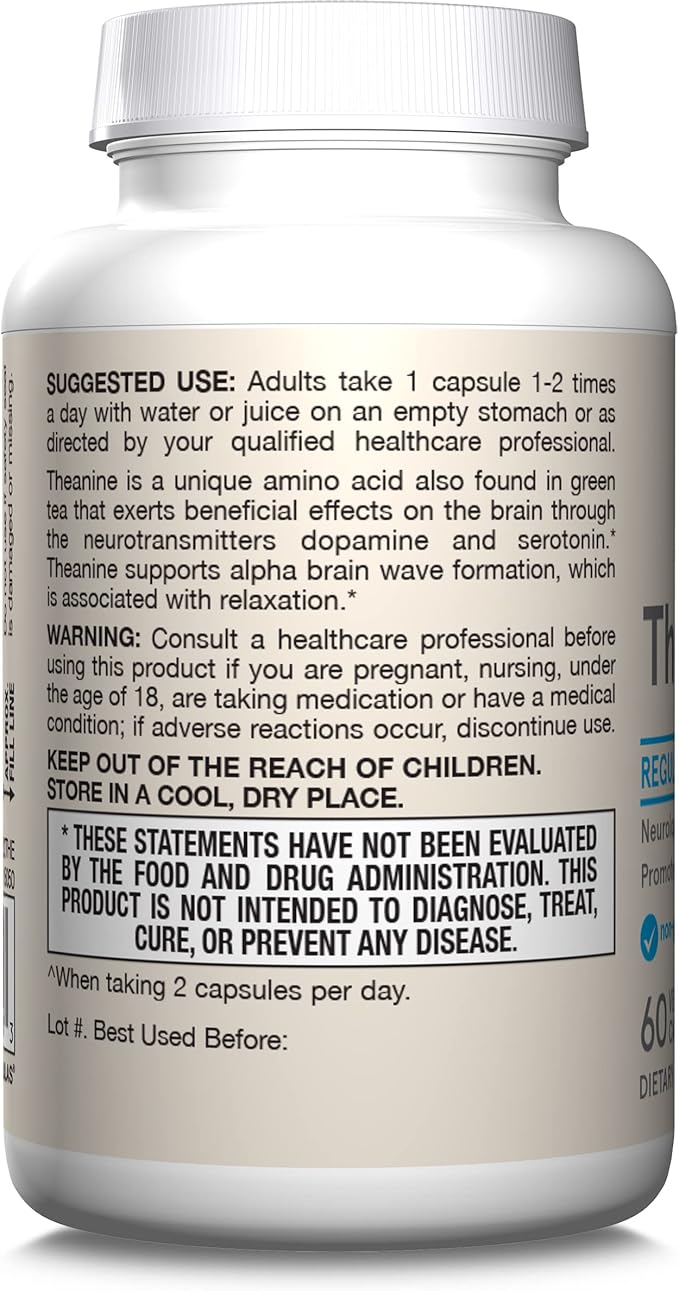 Jarrow Formulas® Regular Strength Theanine 100 mg, Dietary Supplement, 60 Capsules, 60 Day Supply