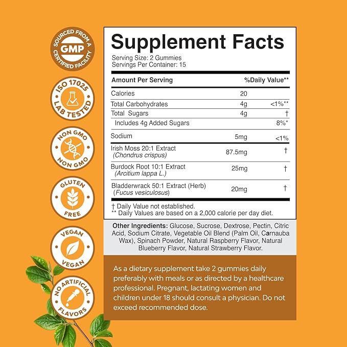 Sea Moss Gummies for Adults and Kids - Vegan Adult and Kids Immune Support Gummies with Burdock Bladderwrack Sea Moss Gel - Delicious Berry Flavor Supplement Men Women Children - 30 Count