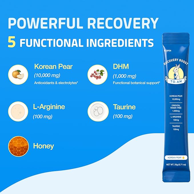 TO. AM Recovery Boost Jelly Stick | Better Mornings After Every Night Out | Korean Pear 10,000mg + DHM 1,000mg | Liver Support + Electrolytes | Pre & Post Drink | Made in Korea | 10 Count