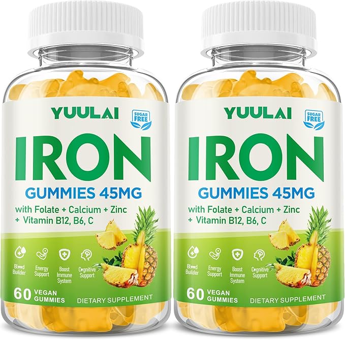 Pack of 2 Iron Gummies for Women & Men, Iron Supplement Plus Calcium, Zinc, Folate & Vitamin B12, C, B6 - Energy Support, Immune Health, Pineapple Flavor, 120 Count