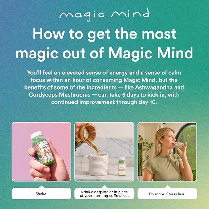 Magic Mind Focus Energy Drink Shots - No Jitters, Stress Relieving, Ashwagandha, Functional Mushrooms, Matcha Green Tea, Vitamin B12, Vitamin C - 2 FL Oz (30 Pack)