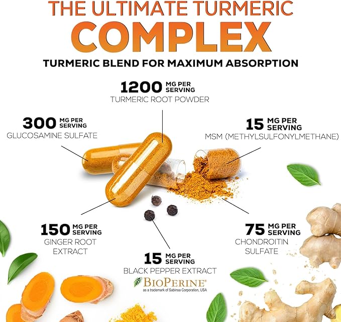 Turmeric Curcumin Supplement - 95% Curcuminoids with Glucosamine, Ginger & MSM, BioPerine Black Pepper Extract for Best Absorption, Natural Vegan Joint Support, Non-GMO, Bottled in USA - 240 Capsules