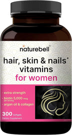 NatureBell Hair, Skin & Nails* Vitamins for Women – 5000mcg Biotin, Collagen, Keratin, Hyaluronic Acid, Argan Oil & B‑Complex – 21‑in‑1 Formula with MCT Oil, 300 Softgels (100 Days Supply)