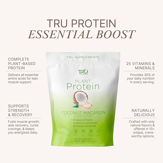 TRU Supplements Plant Based Protein Powder, BCAA, EAA, 20g Vegan Brown Rice & Pea Protein, 100 Calories, 27 Vitamins, No Artificial Flavors 25 Servings (Coconut Macaron)