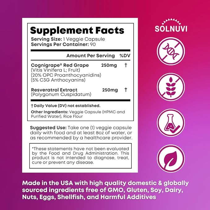 Resveratrol Complex Supplement with Clinically Tested Cognigrape Red Grape Extract OPC Proanthocyanidins - Antioxidant & Brain Health Support - 90 Veggie Capsules, Non-GMO, Gluten-Free, Vegan