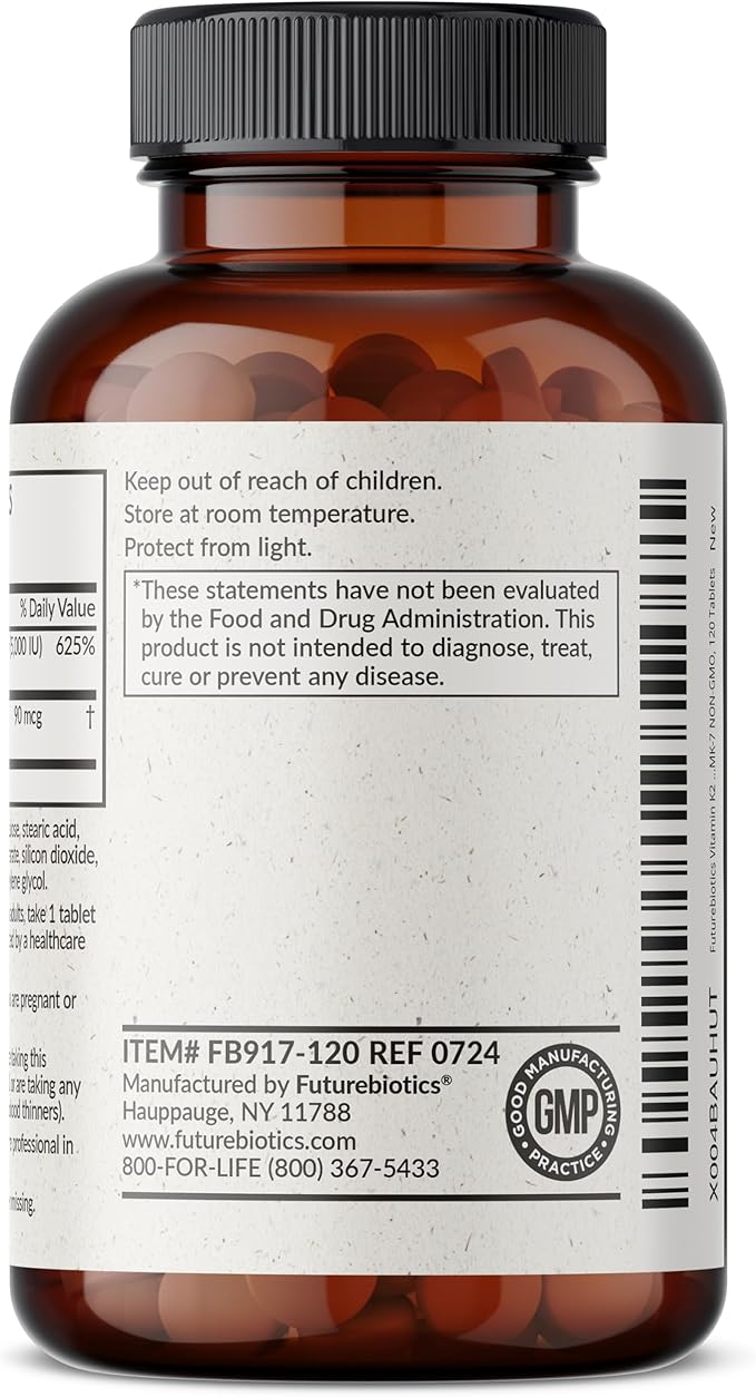 Futurebiotics Vitamin K2 with D3, 2 in 1 Support, 5000 IU Vitamin D3 & 90 mcg Vitamin K2 MK-7 Non-GMO, 120 Tablets