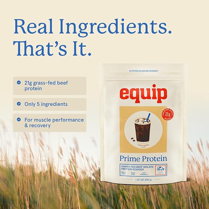 Equip Foods Prime Protein Powder | Clean, Grass Fed Beef Protein Powder | Carnivore Protein Isolate | Paleo, Keto Friendly, Gluten & Dairy Free | Helps Build & Repair Tissue | 30 Servings, Iced Coffee