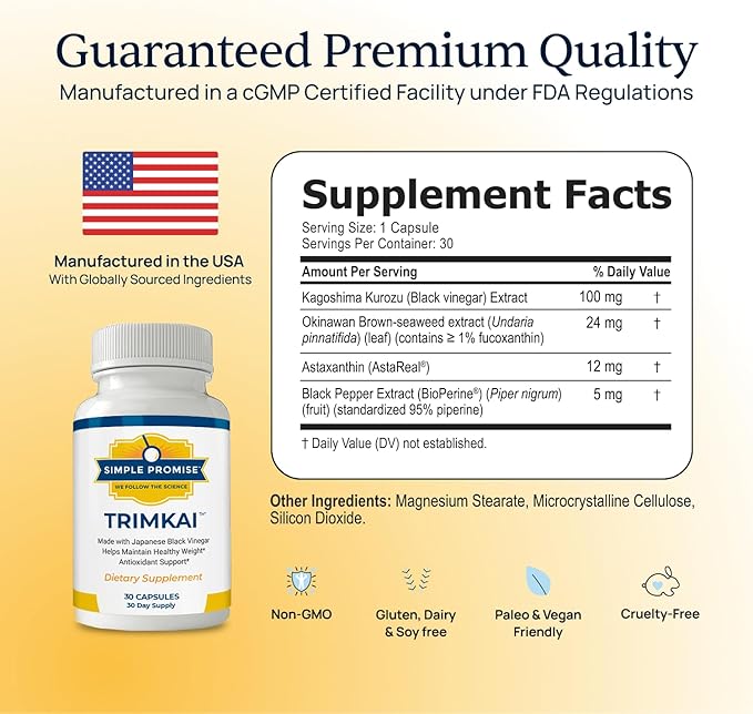 Simple Promise TrimKai - Japanese Black Vinegar Capsules for Metabolism Support - with Astaxanthin 12mg, Seaweed & Black Pepper Extract - Plant-Based Formula - 30 Capsules