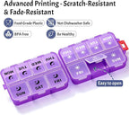 Foldable & Portable Weekly Pill Organizer 2 Times a Day with Clear Printed Labels - 7 Day AM PM Medicine Box, Week Daily Travel Pill Case Holder for Medications, Vitamin, Supplement - Clear Purple