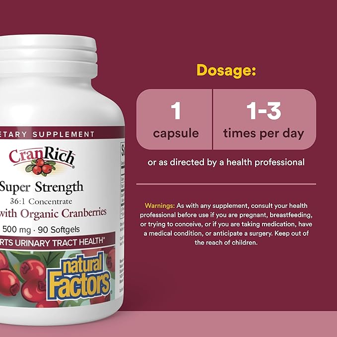 CranRich by Natural Factors, Super Strength Cranberry Concentrate, Antioxidant Supplement for Urinary Tract Support, Non-GMO, 90 softgels (90 servings)