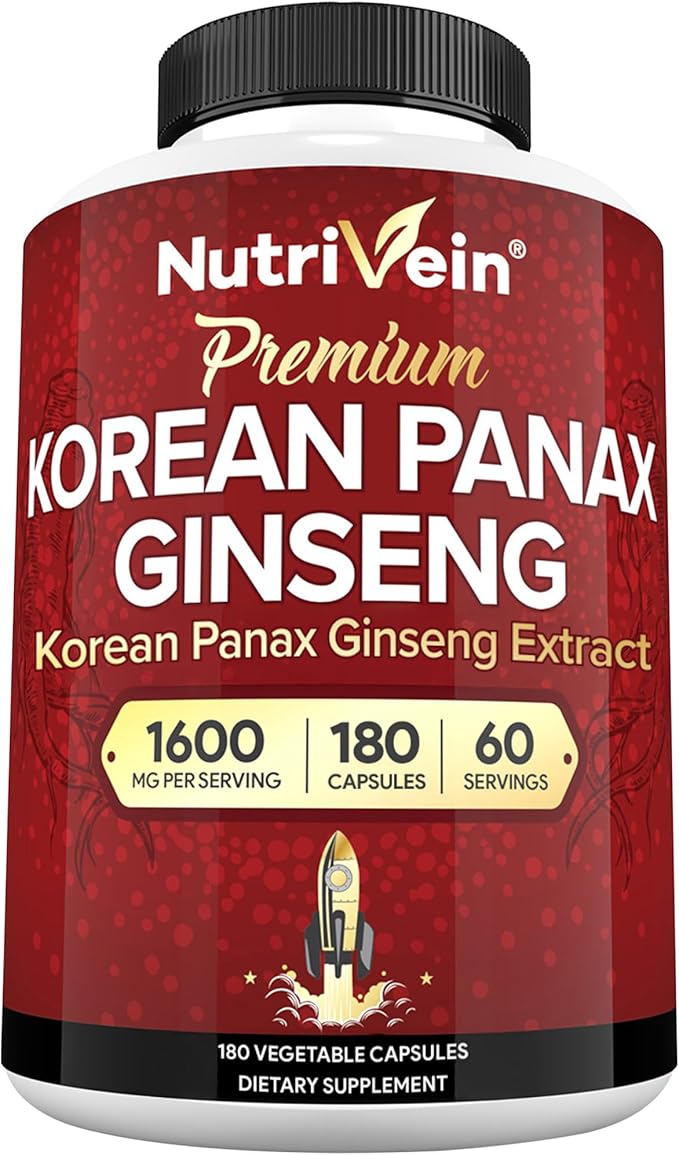 Nutrivein Korean Red Panax Ginseng 1600mg – Extra Strength Formula – 180 Capsules – Boost Energy, Mental Focus & Immune Health Naturally