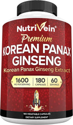 Nutrivein Korean Red Panax Ginseng 1600mg – Extra Strength Formula – 180 Capsules – Boost Energy, Mental Focus & Immune Health Naturally