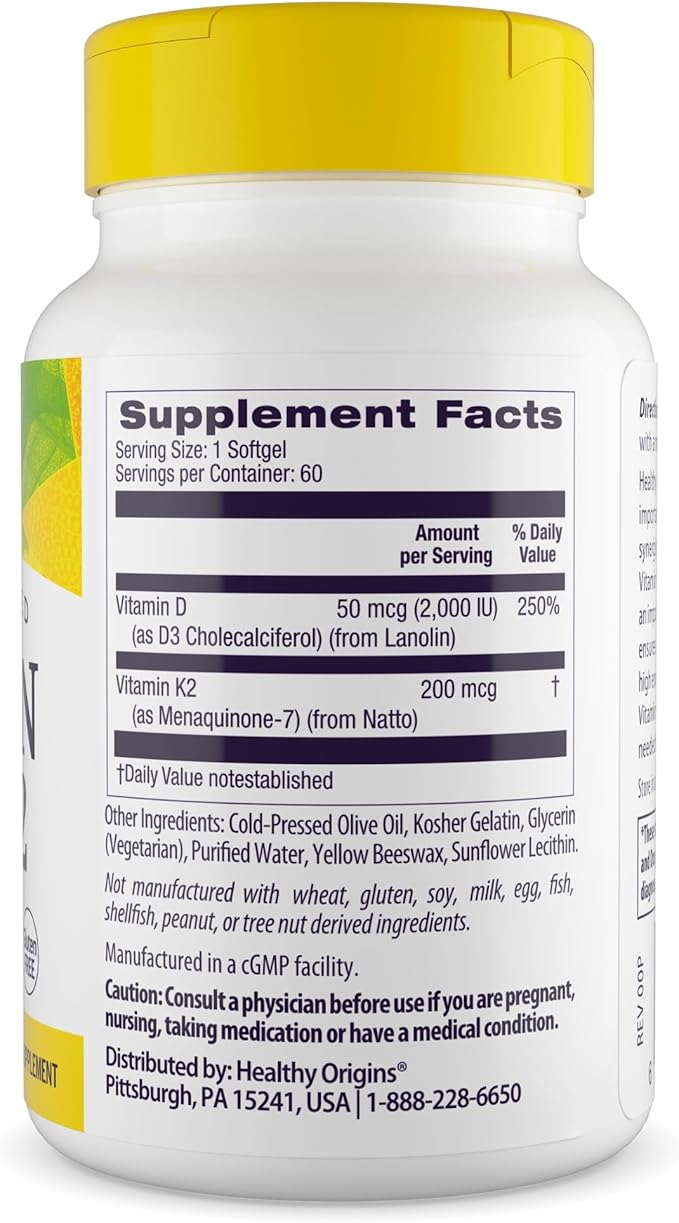 Healthy Origins Vitamin D3 & K2 - Vitamin D3, 50 mcg - Vitamin K2, 200 mcg - Easily Absorbable Vitamin D & Vitamin K Supplements - Non-GMO & Gluten-Free Supplements - 60 Softgels